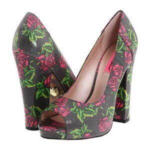 Betsey Johnson Betyy Tin Can Rose Pinup Rockabilly Peep Toe Pumps 7.5 or 8 NIB